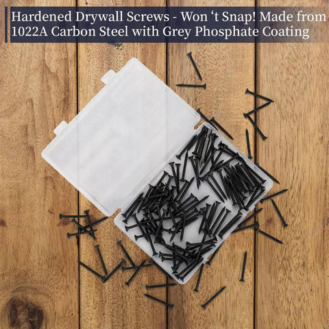 Heavy Duty Six By One Five Eighth Drywall Screws And Wood Fasteners Featuring Top Shelf Anti Rust Coating 1022A Carbon Steel in a clear box.