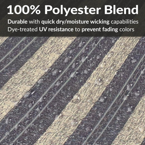 Close-up of UV resistant quilted double hammock fabric with quick dry capabilities, featuring a 100% polyester blend.