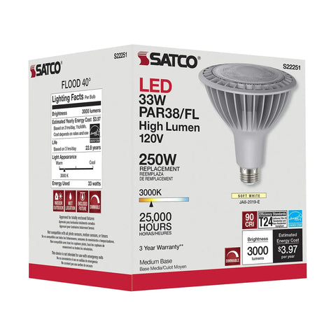 33W PAR38 LED Bulbs 3000K Warm White, E26 Medium Base, 120V, 6 Pack front view of product box with specifications