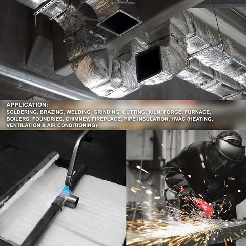 Ceramic Fiber Blanket With Aluminum Foil Facing For High Temp Insulation Half Inch Thick By 24 In By 36 In Rugged And Reliable Stove Furnace Forge Kiln Fireplace Welding Soldering HVAC Six Pound Density Up To Two Thousand Four Hundred Degrees Fahrenheit used in HVAC duct insulation and welding applications