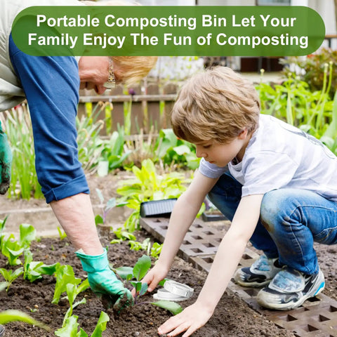 Child and adult gardening in yard with Compact Outdoor Inground Compost Bin For Raised Beds And Yards 2 Gallon Tumbler Style