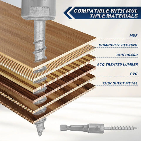 Heavy Duty Galvanized Joist Hanger And Decking Screws For Framing Nine By One And A Half Inch Self Tapping Wood Screws with hex socket shown penetrating layered materials for compatibility.