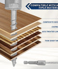 500 Ct of Number 9 By 1-1/2 In Mechanical Galvanized Joist Hanger Screws With Tough As Nails Hurricane Tie Down Fasteners With Killer Grip for Deck Framing Roof Trusses and Heavy Duty Projects Plus Zinc Coated Finish and High Carbon Steel Core for Long, shown with layers of materials like MDF and PVC.