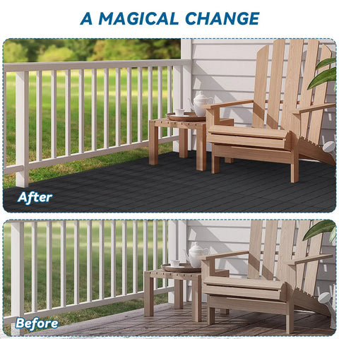 Before and after of Interlocking Plastic Deck Tiles 36 Sq Ft Pack 36 12 by 12 Inches Waterproof Outdoor Flooring installed on porch