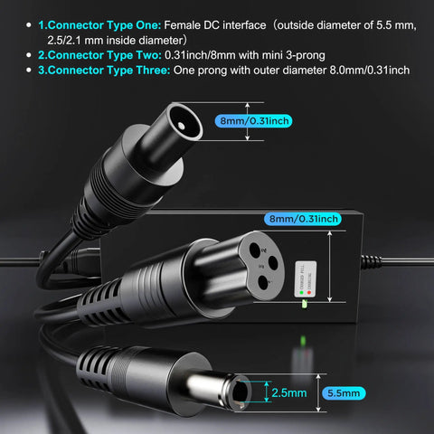 Smart Universal 2 Plugs 42V 2A Charger For 36V Lithium Batteries With 8mm 3 Prong And 5.5mm DC Connectors 84W Fast Charge For Most Electric Scooters Easy Plug And Play Not For Lead Acid