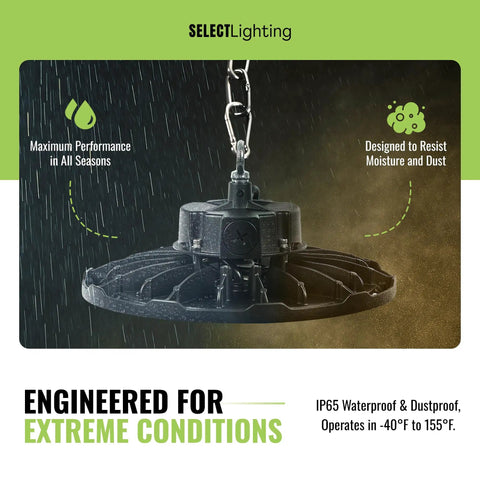 Hella Bright High Bay LED Shop Light 200W 160W 115W Selectable, shown under rain, highlighting IP65 waterproof feature.
