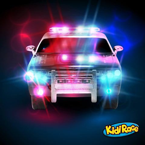 Rechargeable Police RC Car For Kids With Lights And Siren, 2.4GHz Remote Control Toy front view showing flashing lights