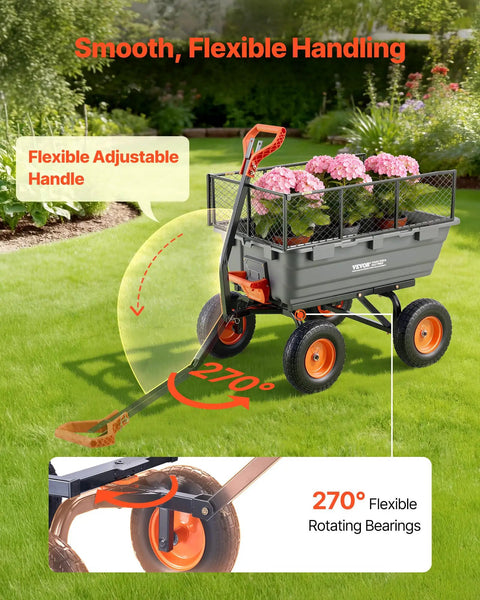 Heavy Duty 10 Cu Ft Poly Garden Cart Dump Wagon With Convertible Handle And 13 Inch Flat Free Tires, Tow Behind Yard Wagon For Lawn Mower And Tractor, 1200 Lbs Capacity, flexible handle