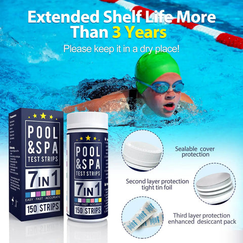 7 In 1 Spa And Pool Test Strips, 150 Count Water Testing Kit in packaging, swimmer in pool, emphasizing extended shelf life