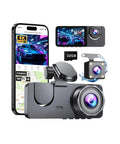 Three Channel 4K Front Dash Cam With Interior And Rear 1080P Cameras Night Vision shown with smartphone app and 32GB card