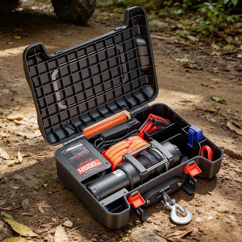 Beefy Portable 4500 Lbs 12V DC Electric Winch With Synthetic Rope Wireless And Wired Remotes Box Style Recovery Kit With Fairlead Clevis Hook And Straps For ATV UTV Off Road Pulling, open case