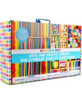 DIY Arts And Crafts Starter Kit Mega Box With Pounds Of Craft Supplies For Kids Ages Four Through Twelve Create Bracelets Beads Pom Poms Glitter Glue Scissors And More shown in colorful packaging.