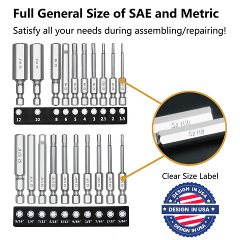 Twenty Piece Hex Head Allen Drill Bit Set With Ten SAE And Ten Metric Bits, Two Point Three Inches Long, in case with labels
