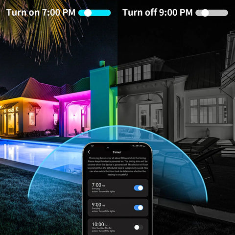 Smartphone timer controlling 50ft Outdoor LED Strip Lights Waterproof IP68 RGB With Button And Bluetooth App Control, Music Sync, Timer, Exterior LED Rope Lights For Balcony, Roof, Garden, And Pool Decor