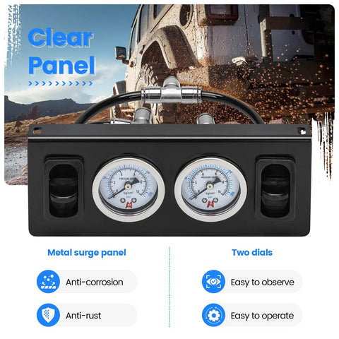 Panel Paddle Valve Switch With Two Air Suspension Pressure Gauges And Fittings For Car Air Bag System displayed with metal panel and dual dials.
