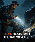 Hiker using Portable Camping Light 3500LM LED Lantern Rechargeable during rain demonstrating IPX4 waterproof feature