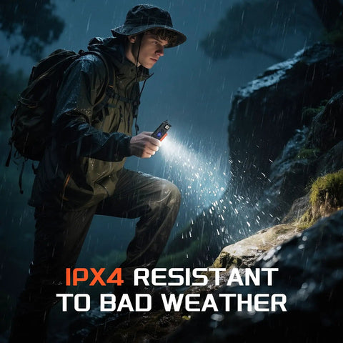Hiker using Portable Camping Light 3500LM LED Lantern Rechargeable during rain demonstrating IPX4 waterproof feature