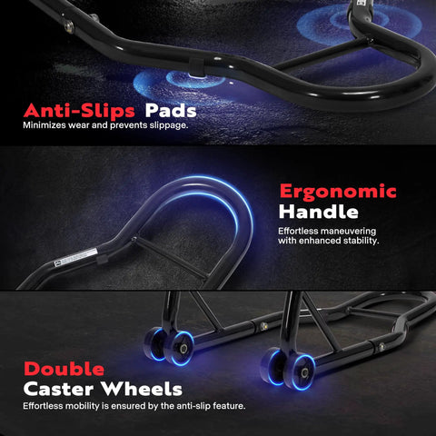 Beefy Heavy Duty Universal Motorcycle Stands With Front And Rear Wheel Lift 882 Lb Capacity Adjustable Swingarm Spools