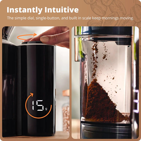 Close-up of Legit Precision Coffee Grinder with Built in Dosing Scale measuring 15g of coffee grounds, matte black design.