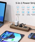 Power Strip Surge Protector With USB-C And USB-A, 1800J Surge Protection, 10 Ft Flat Extension Cord, Wood Finish on desk