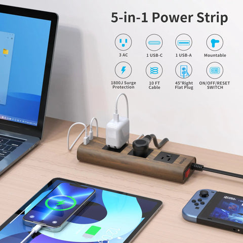 Power Strip Surge Protector With USB-C And USB-A, 1800J Surge Protection, 10 Ft Flat Extension Cord, Wood Finish on desk