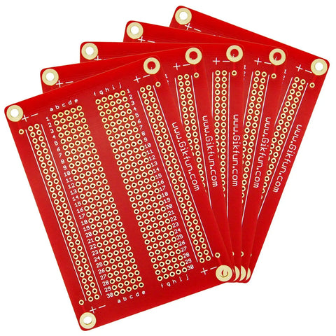 Pack of five red gold plated solderable breadboard proto boards for Arduino and Raspberry Pi projects, dope DIY PCB kit GK1007.