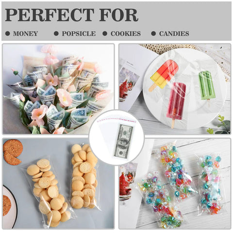 Clear Self Sealing Cellophane Money Bags Pack Of 100 For Currency Cash, Gift Wrap, Candy, Cookies, Popsicles, and Cake Money Box