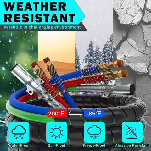 15 Foot Red And Blue 3 In 1 Air Line Kit For Semi Truck With Gladhand Holder And Springs Kit And 7 Way Trailer Cord All In One Air Lines Set For Trailer And Tractor Easy Hook Up And Durable, shown with weather-resistant features.