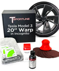 Tesla Model 3 Wheel Curb Rash And Scratch Repair Kit With Color Matched Touch Up Paint For Gray Warp Rims, includes cleaning cloth and tools.