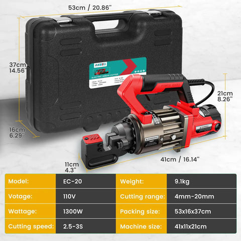 Anbull 1300W Electric Hydraulic Rebar Cutter Handles Up To 3/4 Inch And 4-20mm #6 Steel Bars With Fast 2.5To 3 Second Cutting Speed And Replaceable Jaw Blades For Heavy Duty Construction Projects in a black carrying case.