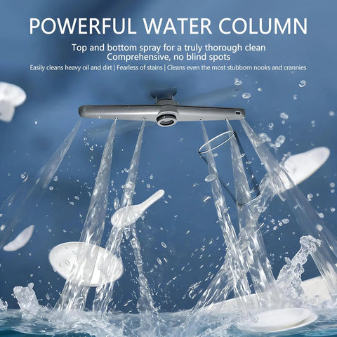 Dual spray arms of Compact Countertop Dishwasher Packing Eight Place Settings Five Heavy Duty Wash Cycles spray water on dishes.