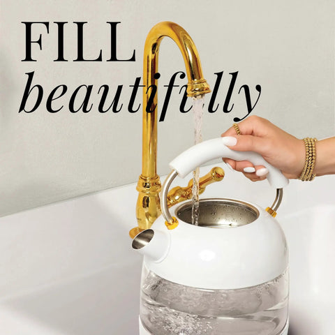 High Temperature Control Electric Kettle With 1500W Rapid Boil And Keep Warm Function Glass Body BPA Free Design White And Gold Finish being filled with water