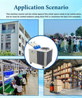 Heavy Duty 220V Portable Industrial Spot Cooler features dual air ducts, used in shops, warehouses, and outdoor events.