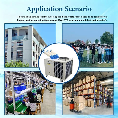 Heavy Duty 220V Portable Industrial Spot Cooler features dual air ducts, used in shops, warehouses, and outdoor events.
