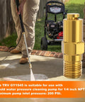 Brass thermal relief valve for pressure washer; 1/4 in NPT threads, close-up view.