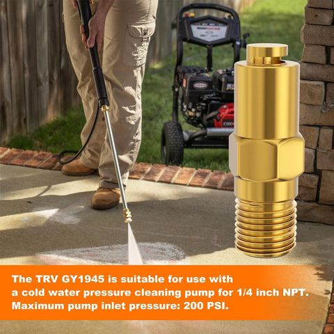 Brass thermal relief valve for pressure washer; 1/4 in NPT threads, close-up view.