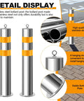 Rock Solid 4 Pack Stainless Steel Parking Bollards With Heavy Duty Barrier Chains Hella Tough For Outdoor Security Posts Driveway Protection And Garage Entry, showcasing stainless steel bollard post with hanging ring.