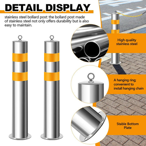 Rock Solid 4 Pack Stainless Steel Parking Bollards With Heavy Duty Barrier Chains Hella Tough For Outdoor Security Posts Driveway Protection And Garage Entry, showcasing stainless steel bollard post with hanging ring.