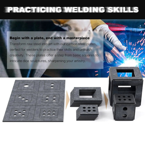 12 Piece Welding Practice Kit With One Eighth Inch Coupons For Beginners And Eleven Gauge Mild Steel Sheets For Crafting A Dice And A Cube Frame Ideal For Home Garages Hobby Welders And DIY Welding Practice displayed with coupon pieces and frames