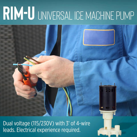 Technician working with Dual Voltage RIM U Ice Machine Water Pump Replacement 115/230V 1/25 HP 3 ft lead wires, close-up view