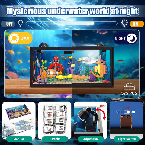 8 In 1 Ocean Tank Building Set With LED Light For Kids And Adults Marine Aquarium Mini Landscape Featuring Octopus And Crab Figures Perfect Gift For Christmas And Birthdays Great For Ages 6 8 10 12, day and night view