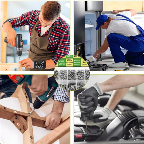Kickass M3 Button Head Socket Cap Screw Kit With Badass Assortment Of 304 Stainless Steel Machine Bolts Nuts And Washers Includes Precision Hex Wrench shown in use by various professionals.