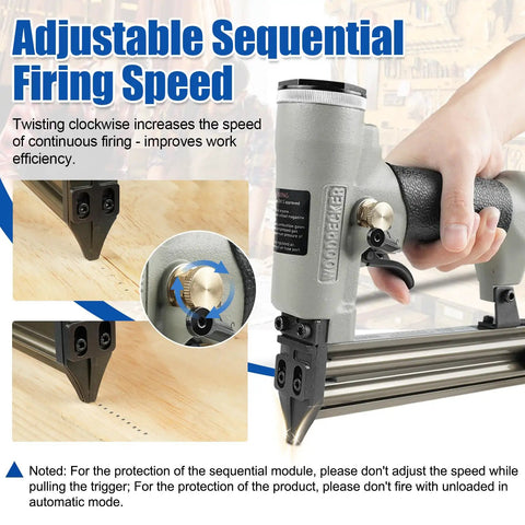 Heavy Duty Pneumatic Brad Nailer With Eighteen Gauge Nails From Three Eighths To One And A Quarter Inch Continuous Firing