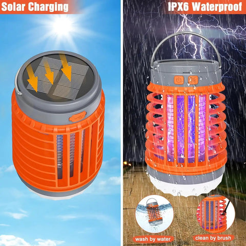 Two Pack Solar Bug Zapper For Outdoor Patio Waterproof Mosquito Zappers 3 In 1 Cordless Rechargeable Mosquito Repellent Flashlight Indoor Killer Orange, showing orange units with solar tops and waterproof construction under rain.