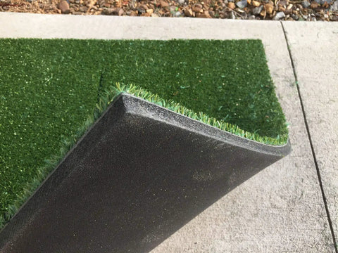 Corner view of Three By Five Foot Golf Mat For Indoor Simulator Sensor With One And Three Eighths Inch Thick Turf And Waterproof Closed Cell Foam