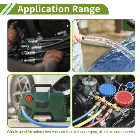 Application range of automotive vacuum lines, turbochargers, and air intake components with silicone vacuum hose visible.
