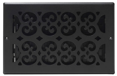 Front view of Scroll Design Wall Ceiling Register 6x10 Textured Black Powder Coated Finish with elegant scroll pattern