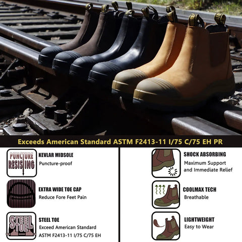 Four pairs of Mens Steel Toe Waterproof Work Boots Slip On Safety Shoes With Slip Resistant And Anti Static Design 200J Toecap Wide Toe Box Meets ASTM F2413 I75 C75 EH displayed on railway tracks, showcasing their durability and craftsmanship, with labels highlighting features like shock absorption, Kevlar midsole, and Coolmax tech.