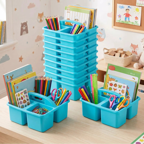 24 Pack Classroom Caddies Bulk With 3 Compartments And Easy Grip Handle Plastic Stackable Storage Caddies For Pencils Glue Scissors Art Supplies Kid Friendly Desk Organizer Blue 8 X 6.7 X 3.5 Inches