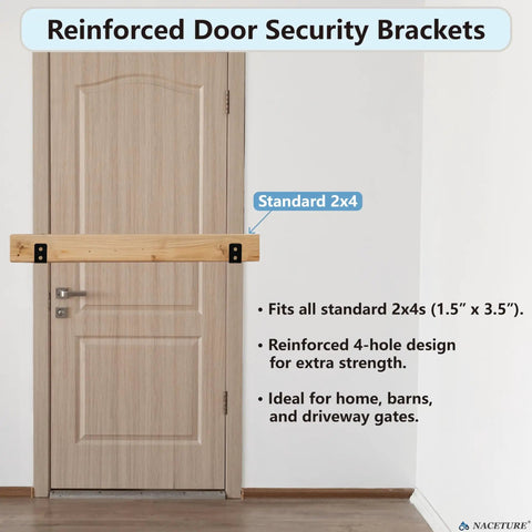 Two Pack Heavy Duty Beefy 2x4 U Bracket Door Brace Reinforcement Plates With Screws installed on wooden door for security